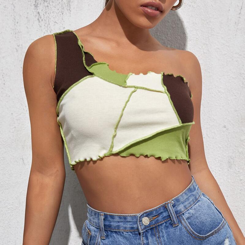 

One Shoulder Lettuce Trim Colorblock Crop Top, Multicolor