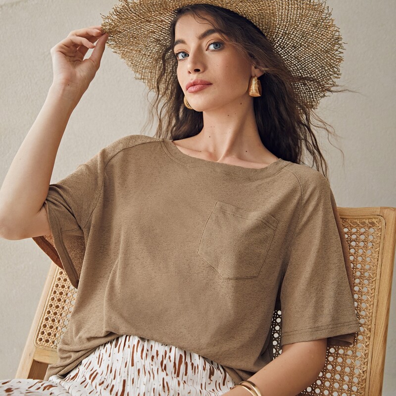 

Ruched Raglan Sleeve Patch Pocket Tee, Mocha brown