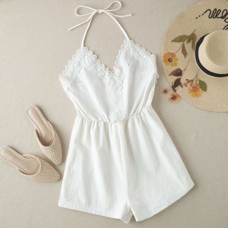 

Guipure Lace Halter Romper, White