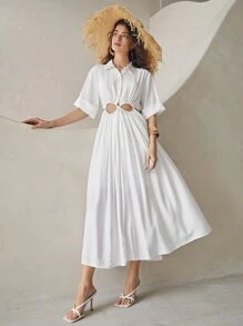 SHEIN Cuffed Sleeve Cutout Ruched Waist Solid Shirt Dress - White - View 1