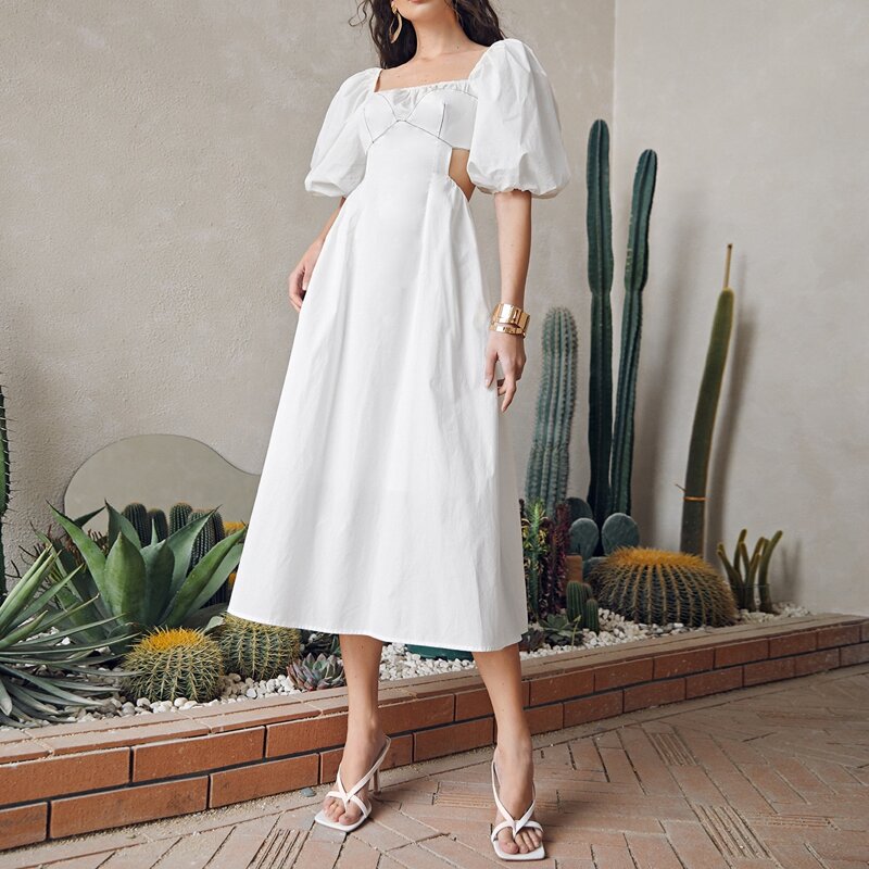 

Puff Sleeve Zipper Open Back Contrast Stitch Bustier Dress, White