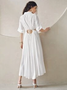 SHEIN Cuffed Sleeve Cutout Ruched Waist Solid Shirt Dress - White - View 2