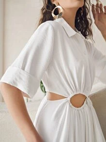 SHEIN Cuffed Sleeve Cutout Ruched Waist Solid Shirt Dress - White - View 3