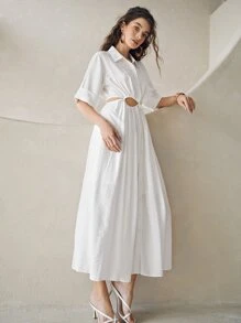 SHEIN Cuffed Sleeve Cutout Ruched Waist Solid Shirt Dress - White - View 4