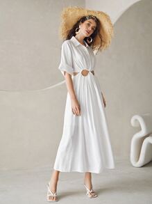 SHEIN Cuffed Sleeve Cutout Ruched Waist Solid Shirt Dress - White - View 5