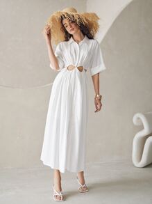 SHEIN Cuffed Sleeve Cutout Ruched Waist Solid Shirt Dress - White - View 6