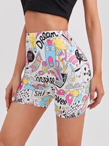 SHEIN EZwear Quần short biker họa tiết hoạt hình - Nhiều màu - Xem 1