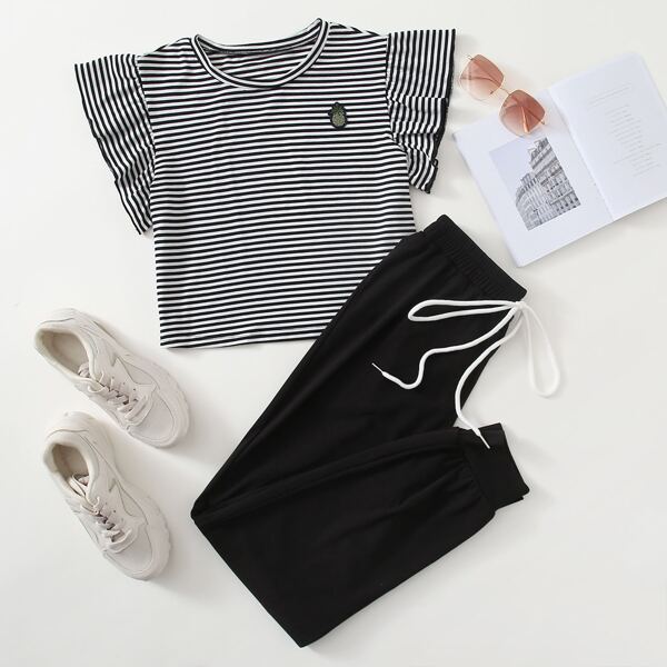 

Striped Ruffle Trim Tee & Sweatpants, Black and white