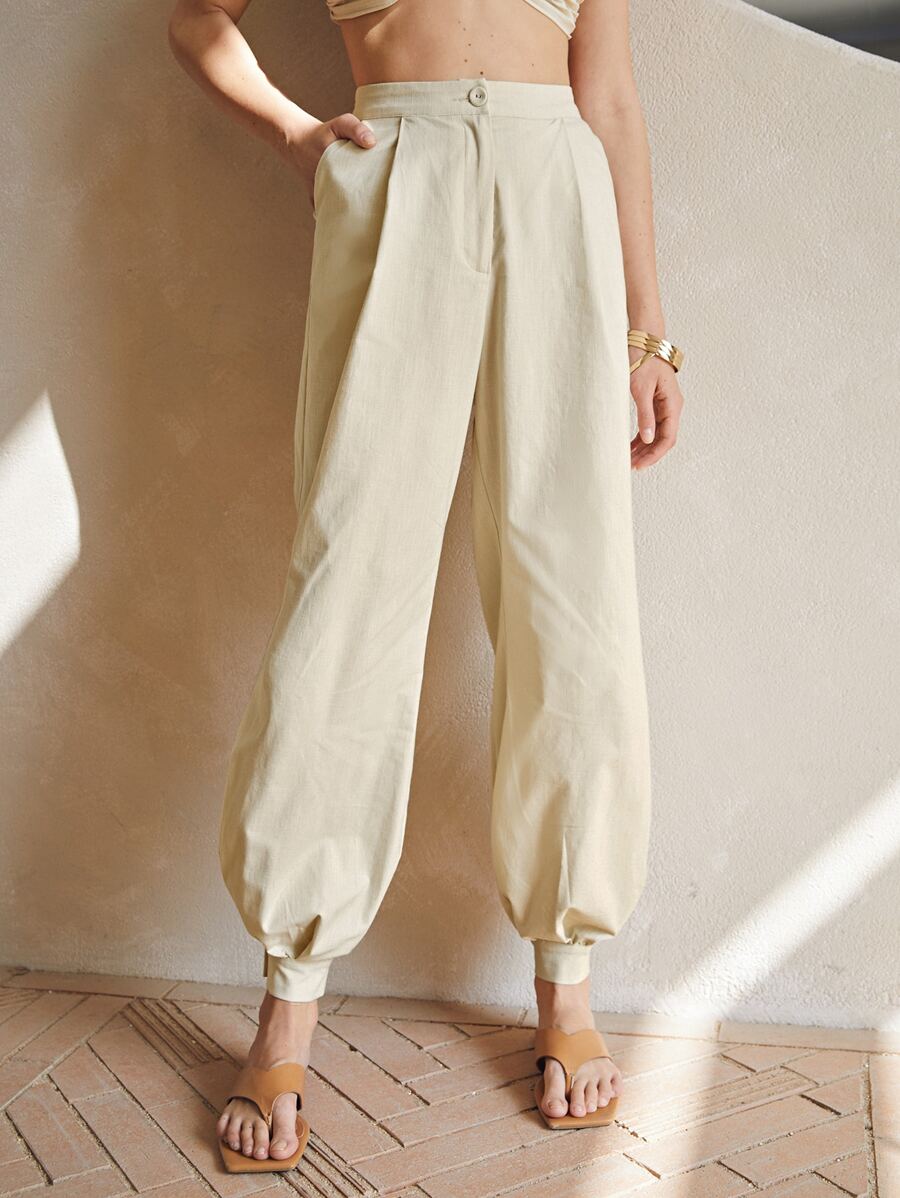 SHEIN Zipper Fly Solid Tapered Trousers - Khaki - View 1