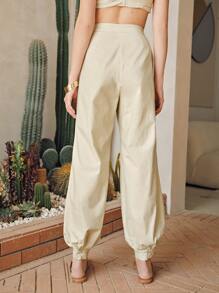 SHEIN Zipper Fly Solid Tapered Trousers - Khaki - View 2