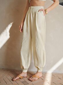 SHEIN Zipper Fly Solid Tapered Trousers - Khaki - View 4