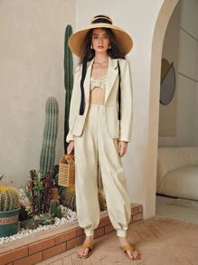 SHEIN Zipper Fly Solid Tapered Trousers - Khaki - View 5