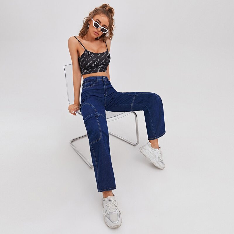 

High Waist Stitch Detail Straight Leg Jeans, Dark wash