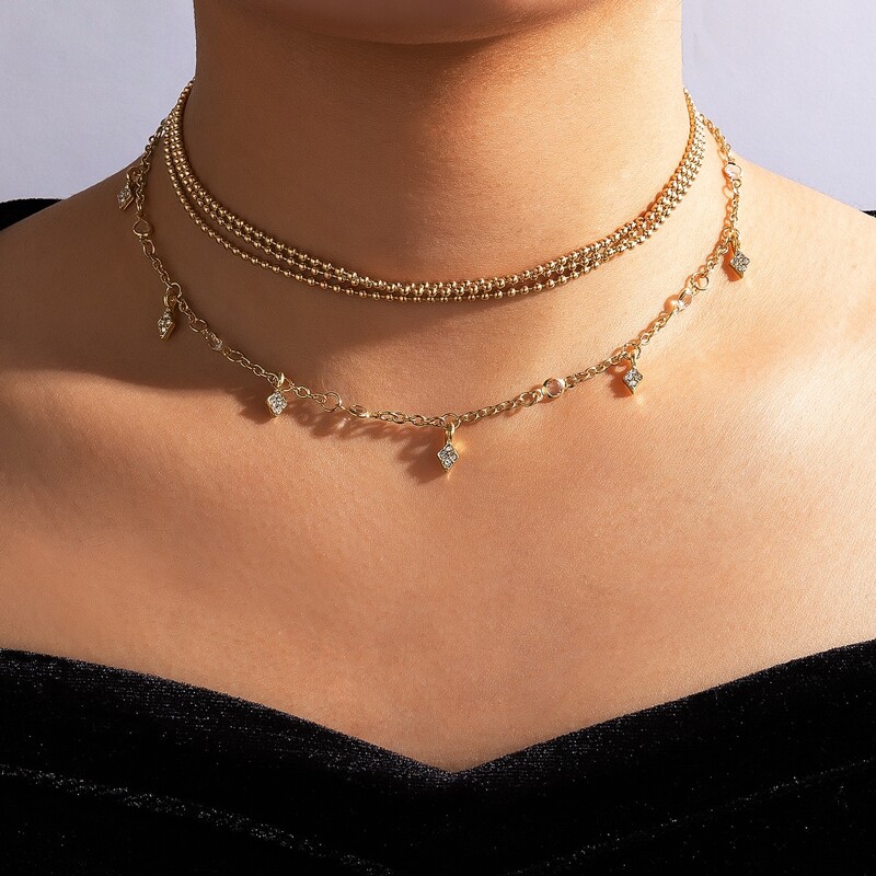 

Rhinestone Charm Layered Choker, Gold
