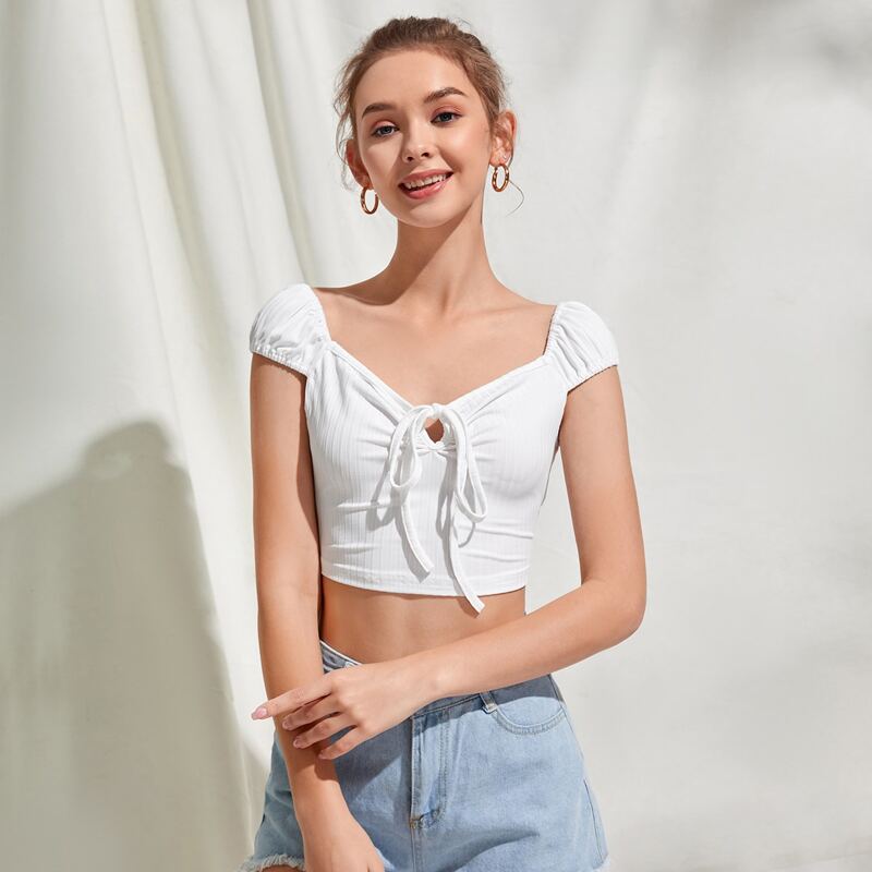 

Solid Tie Front Ribbed Tee, White