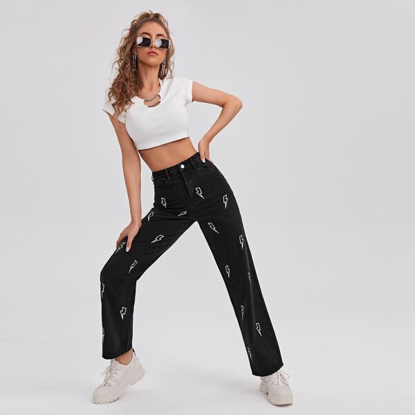 

High Waist Lightning Print Straight Leg Jeans, Black