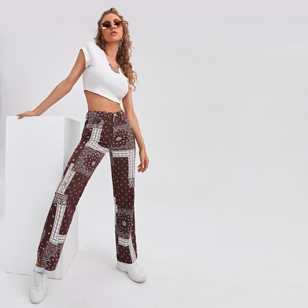 

High Waist Paisley & Geo Pattern Straight Leg Jeans, Coffee brown