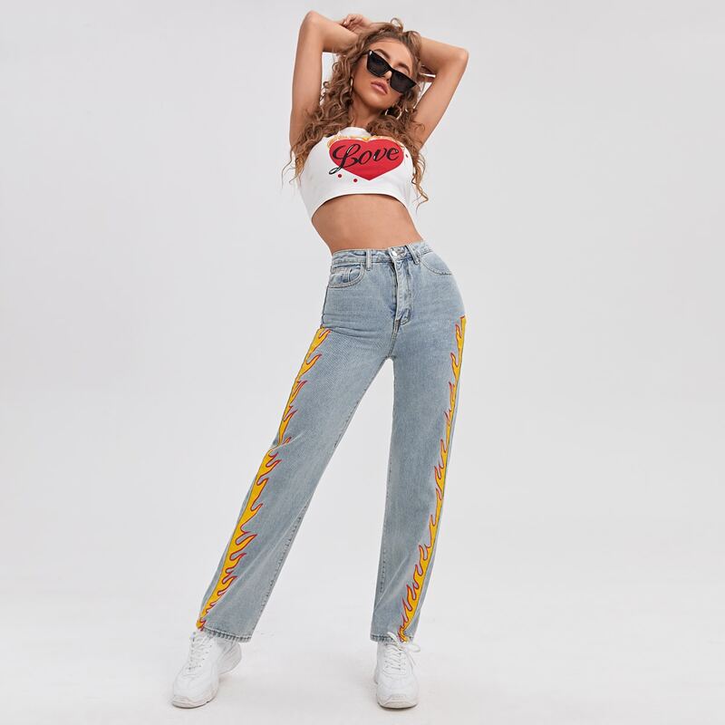 

High Waist Fire Print Straight Leg Jeans, Light wash