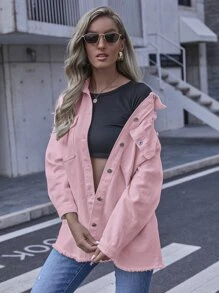 Ripped Flap Pocket Drop Shoulder Denim Jacket - Baby Pink - View 1