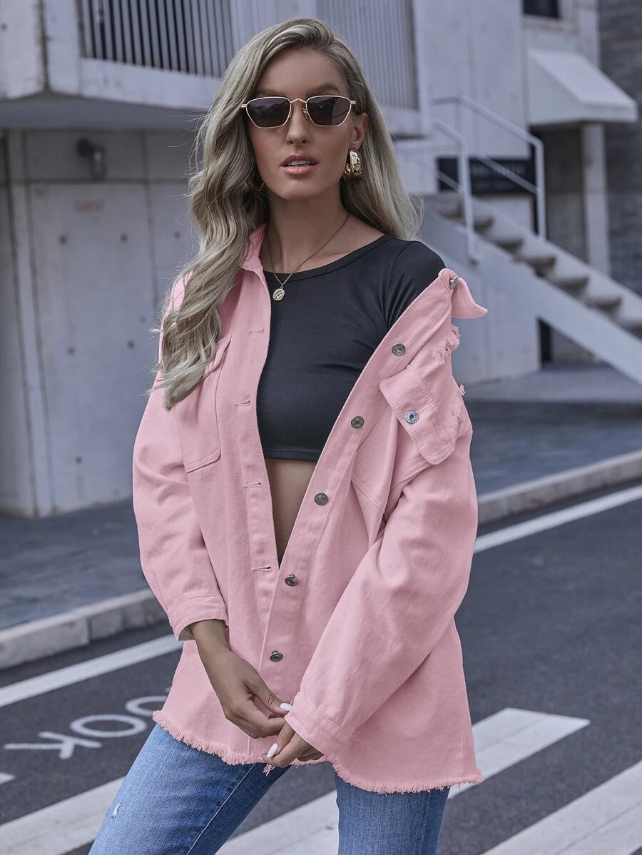 Ripped Flap Pocket Drop Shoulder Denim Jacket - Baby Pink - View 1