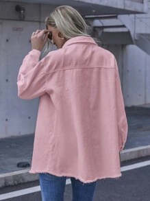 Ripped Flap Pocket Drop Shoulder Denim Jacket - Baby Pink - View 2
