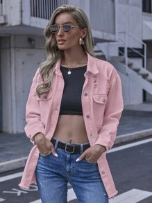 Ripped Flap Pocket Drop Shoulder Denim Jacket - Baby Pink - View 3