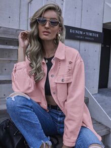 Ripped Flap Pocket Drop Shoulder Denim Jacket - Baby Pink - View 4