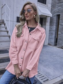 Ripped Flap Pocket Drop Shoulder Denim Jacket - Baby Pink - View 5