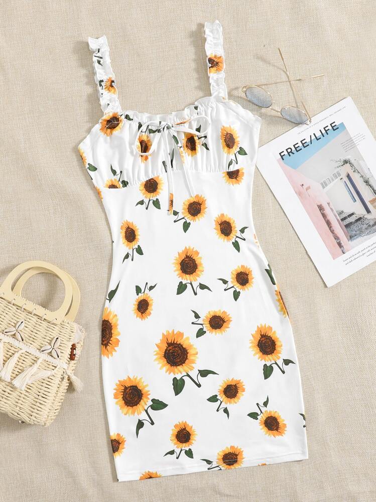 Soleia Frill Trim Ruched Bust Sunflower Print Dress - White - View 1