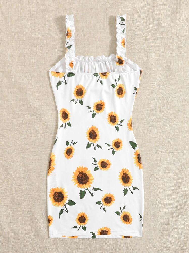 Soleia Frill Trim Ruched Bust Sunflower Print Dress - White - View 2