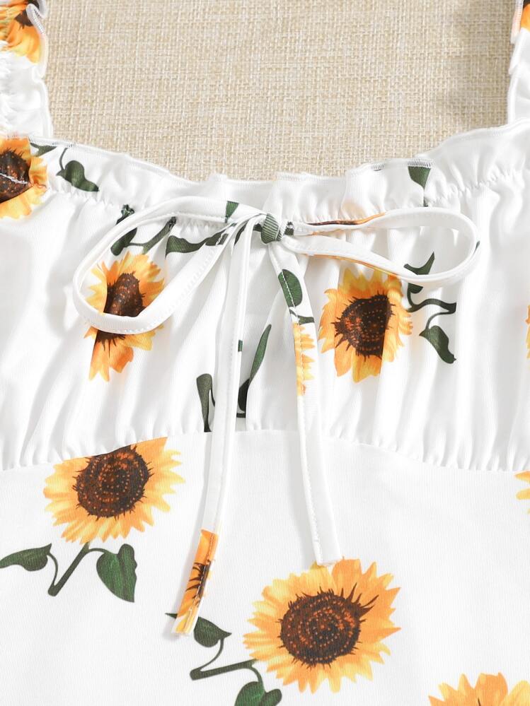 Soleia Frill Trim Ruched Bust Sunflower Print Dress - White - View 4