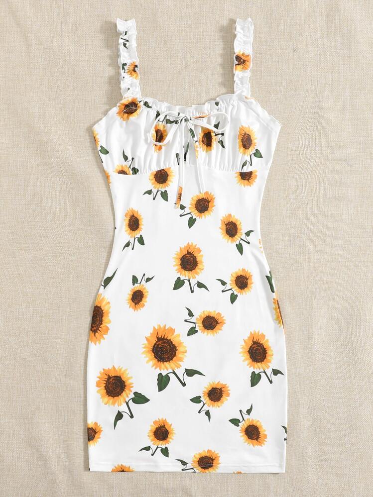 Soleia Frill Trim Ruched Bust Sunflower Print Dress - White - View 5
