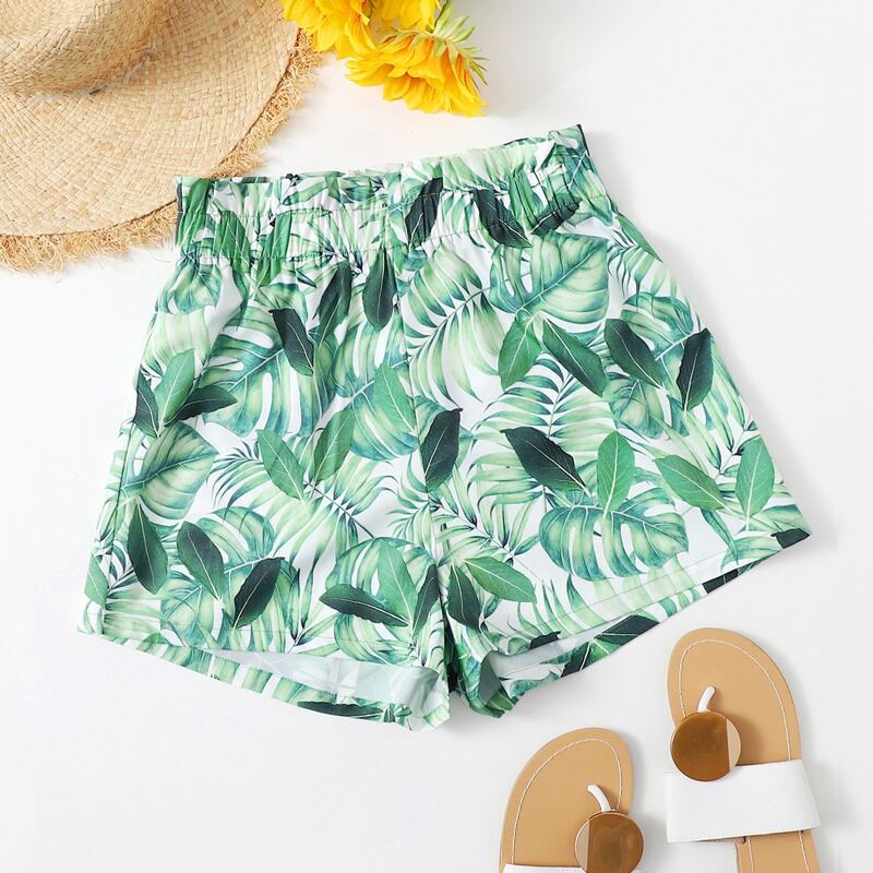 

Paperbag Waist Tropical Print Shorts, Multicolor