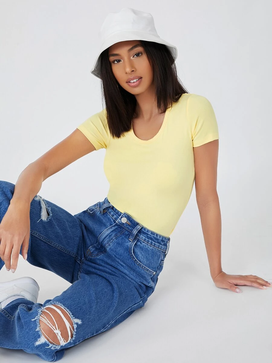 SHEIN BASICS Cotton Round Neck Slim Tee - Mustard Yellow - View 1
