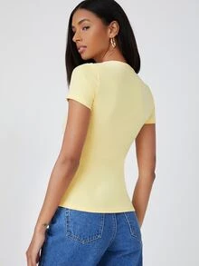 SHEIN BASICS Cotton Round Neck Slim Tee - Mustard Yellow - View 2
