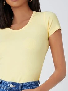 SHEIN BASICS Cotton Round Neck Slim Tee - Mustard Yellow - View 4