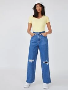 SHEIN BASICS Cotton Round Neck Slim Tee - Mustard Yellow - View 5