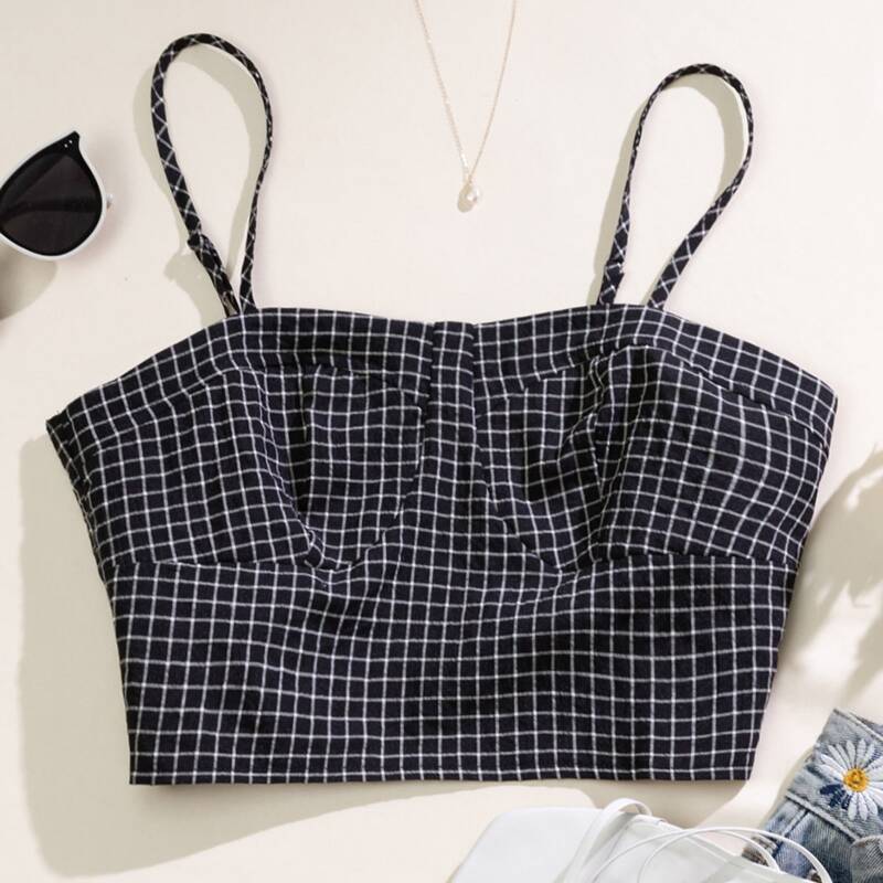 

Grid Print Crop Cami Top, Black and white