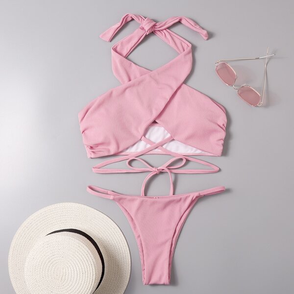 

Rib Cross Halter Thong Bikini Swimsuit, Baby pink