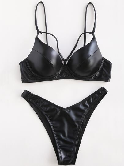 PU Harness Underwire Bikini Set, For Summer Beach Vacation