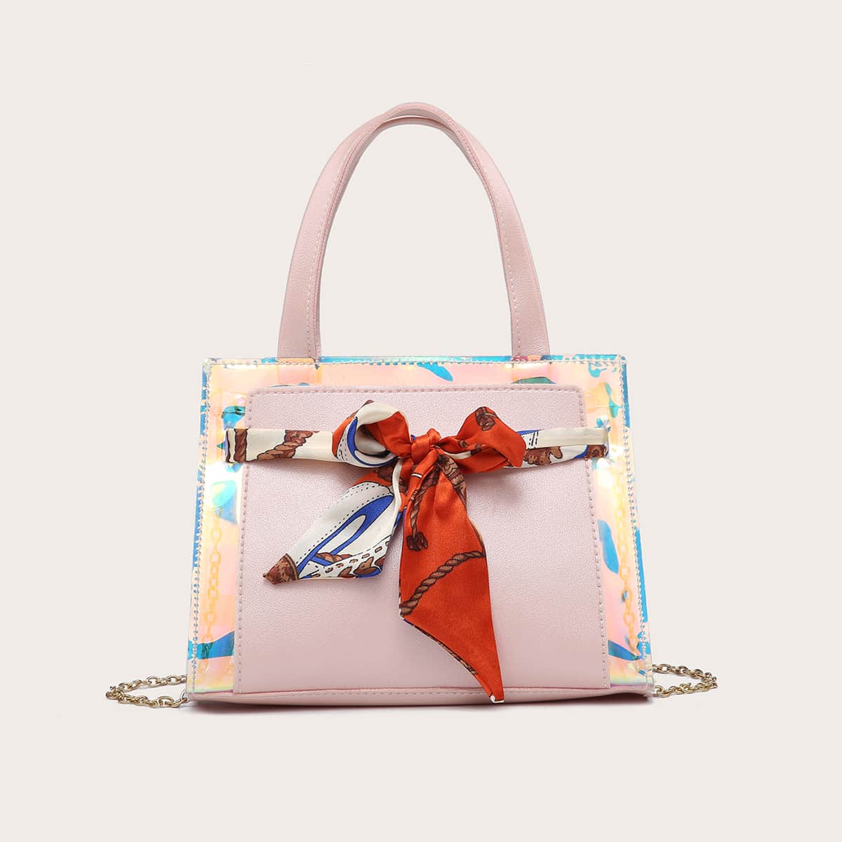 

Scarf Bow Knot Holographic Satchel Bag, Baby pink