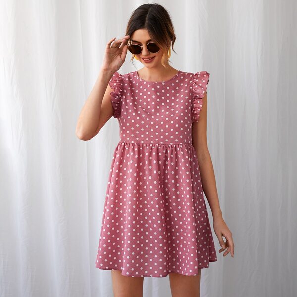 

Ruffle Trim Polka Dot Dress, Dusty pink