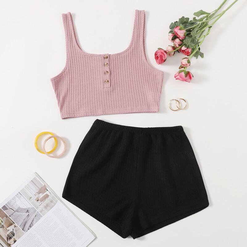 

Scoop Neck Waffle Lounge Set, Multicolor