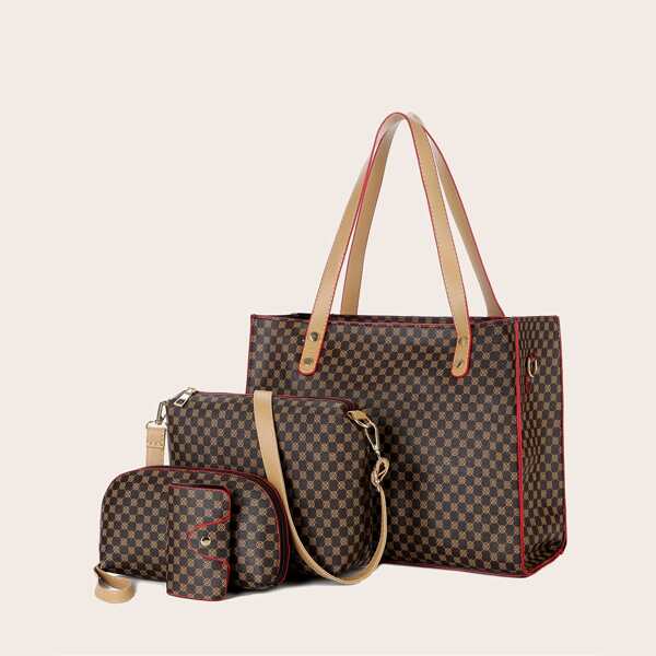 

4pcs Geometric Print Tote Bag Set, Coffee brown