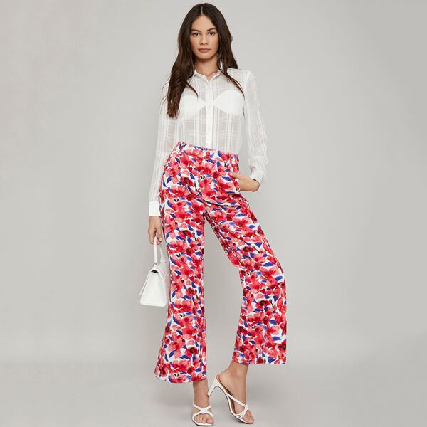 

100% COTTON FLORAL FLARE PANTS, Multicolor