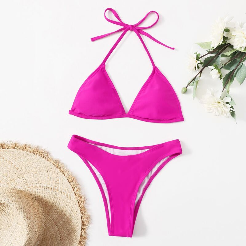 

Solid Triangle Halter Bikini Swimsuit, Hot pink