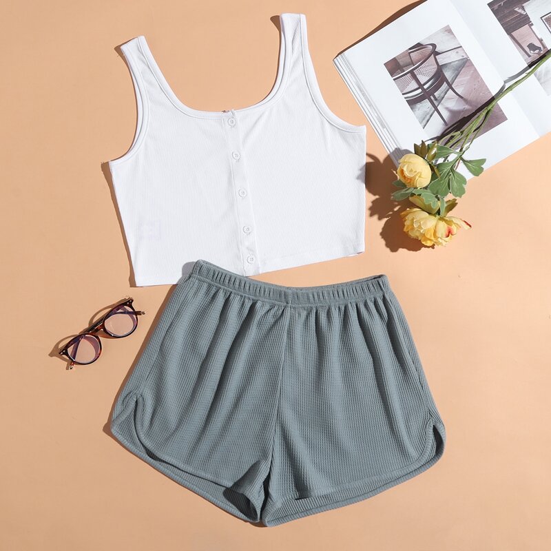 

Button Front Top & Shorts Lounge Set, Multicolor