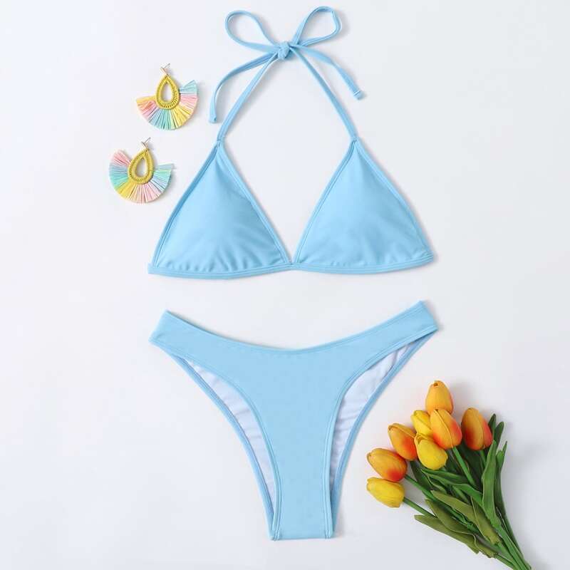 

Solid Triangle Halter Bikini Swimsuit, Baby blue