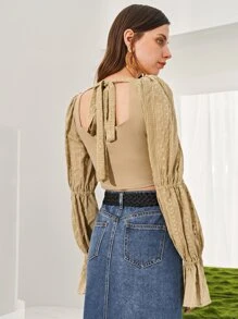 SHEIN Lace Gathered Sleeve Crop Top - Khaki - View 3