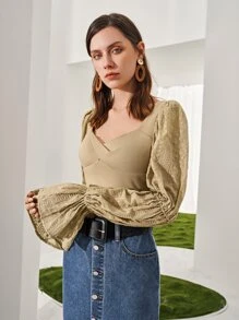 SHEIN Lace Gathered Sleeve Crop Top - Khaki - View 4